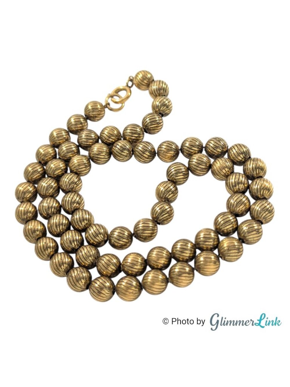Vintage Antiqued Gold Tone Ribbed Metal Bead Necklace 21 1/2 Inch